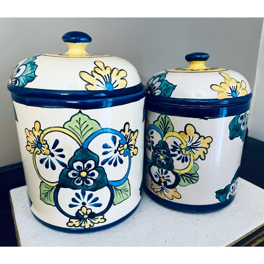 (2) ALBA MEXICO HANDPAINTED MEXICAN POTTERY JAR/CANISTERS W/ LID FLORAL W/GLAZE